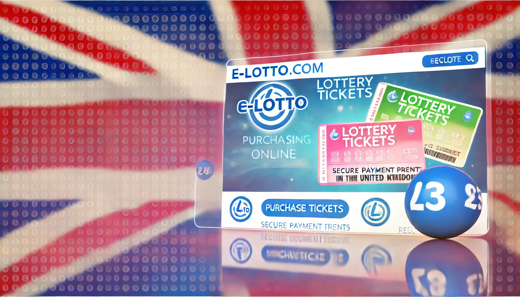 A visually appealing image showing a user-friendly website interface for purchasing lottery tickets online from E-Lotto.com in the United Kingdom. The