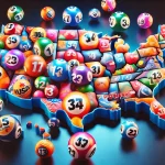 A vibrant image of the United States with colorful lottery balls scattered all over the map. Each lottery ball features bold numbers, representing var