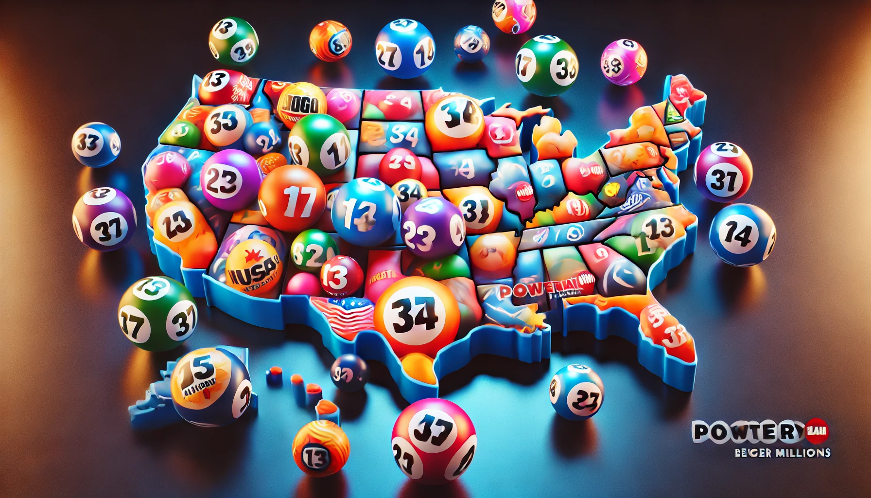 A vibrant image of the United States with colorful lottery balls scattered all over the map. Each lottery ball features bold numbers, representing var