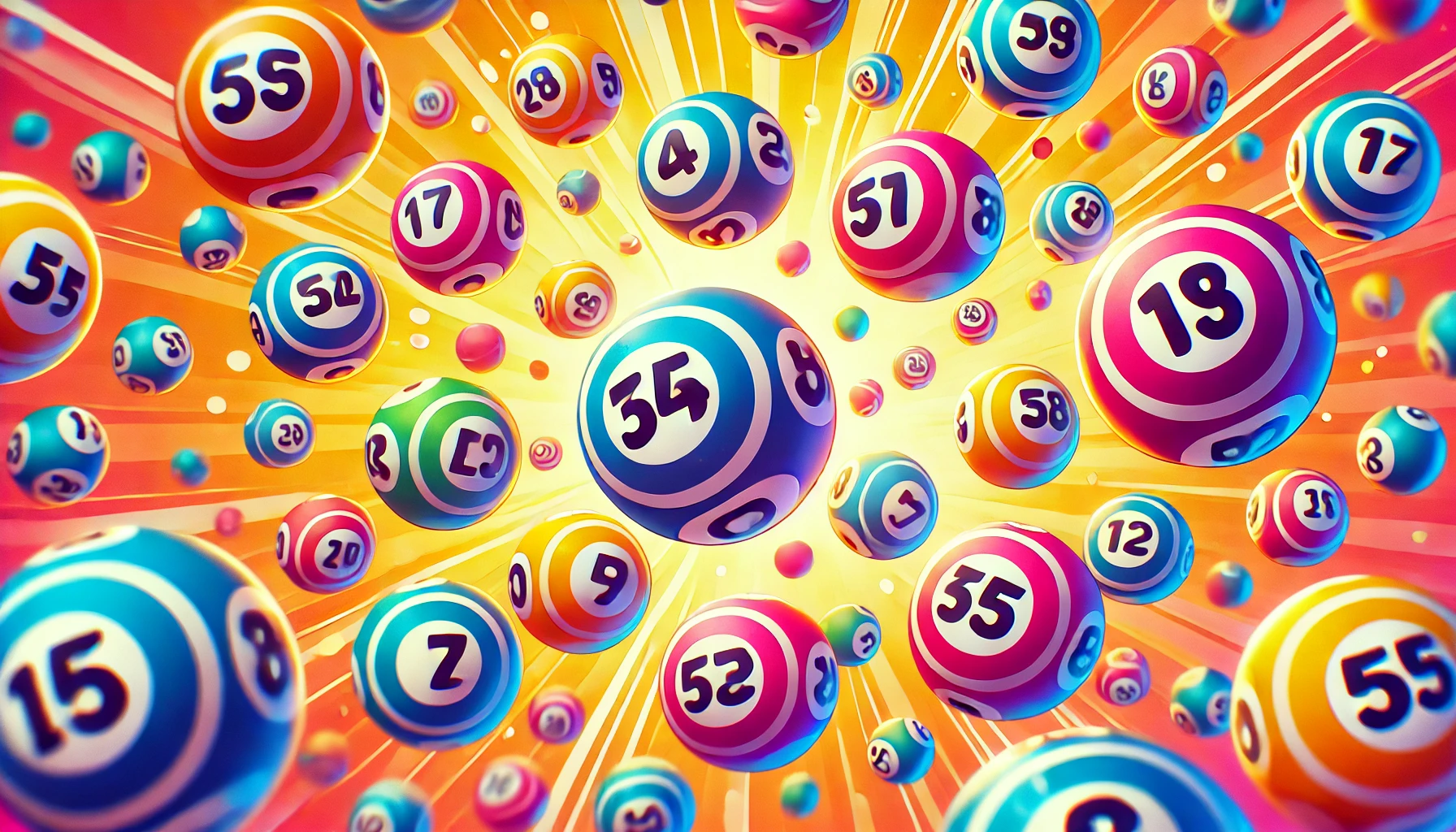 A vibrant, bright, and colorful scene of lottery balls floating in the air. Each ball has distinct, bold numbers on it, and they are scattered in vari