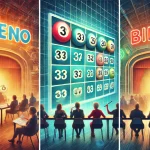 An oblong image illustrating the difference between Keno, Bingo, and Lotteries. The image features three distinct sections_ one showing a Keno game wi