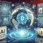 high-tech, futuristic image representing E-Lotto.com's digital lottery platform. The image showcases a digital interface with blockchain elements li