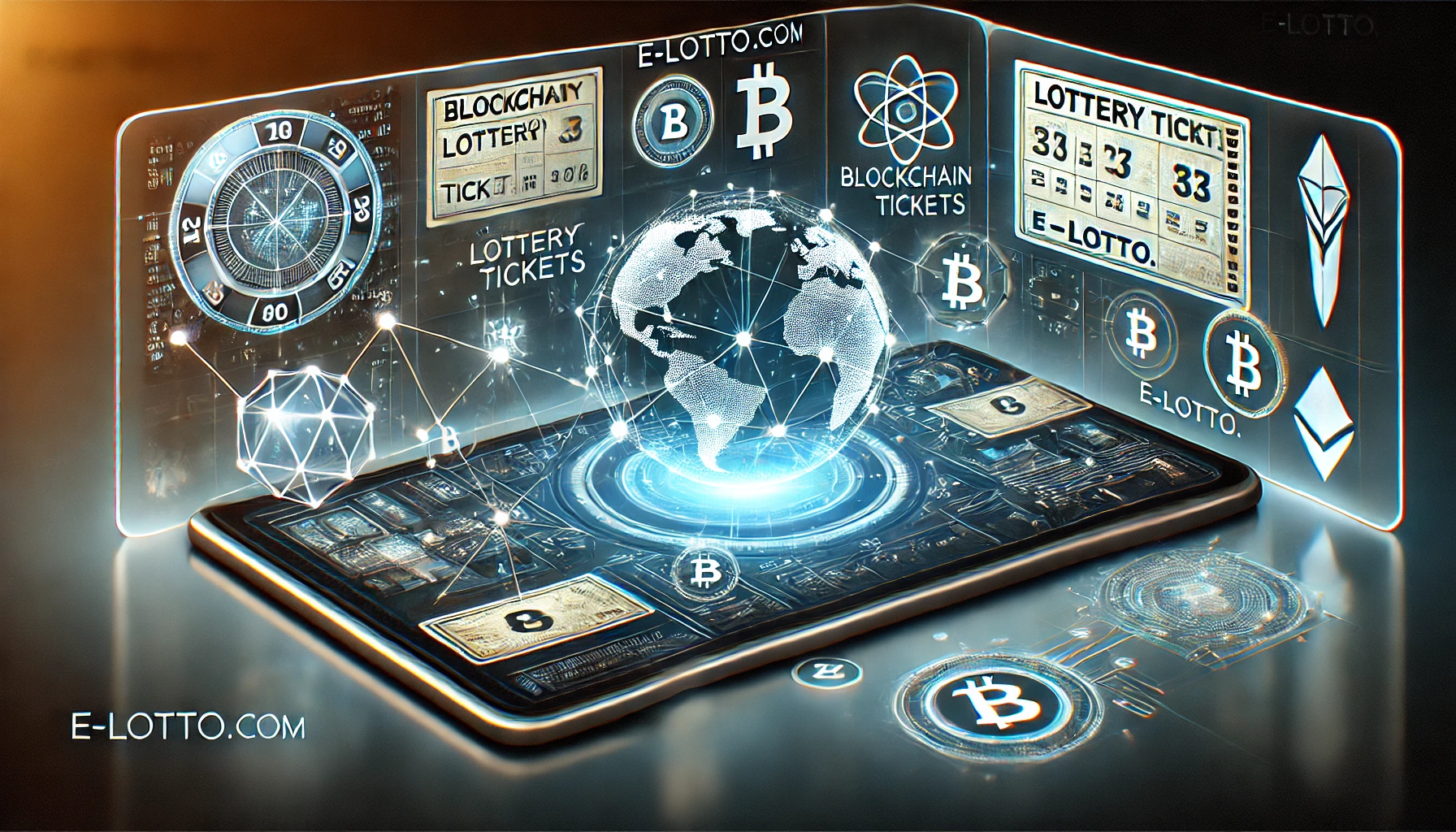 A futuristic oblong image representing E-Lotto.com's blockchain-powered digital lottery platform. The image showcases a sleek digital interface with h