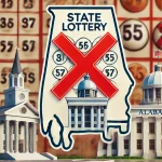 An image representing the absence of a state lottery in Alabama, featuring an outline of the state with a large red cross over a lottery ticket. The i