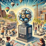 A detailed scene of a lottery draw with a mechanical ball machine spinning, people excitedly checking their tickets, and various elements representing