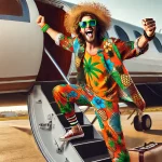 A joyful lottery winner boarding a private jet wearing sunglasses and a loud, tacky holiday outfit. The winner is dressed in mismatched, bright, and c