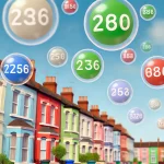 A colorful and friendly British street scene with terraced houses, showing postcodes floating in bubbles in the air. The street is lively with vibrant