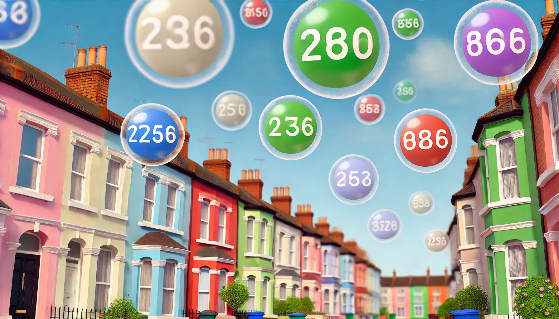 A colorful and friendly British street scene with terraced houses, showing postcodes floating in bubbles in the air. The street is lively with vibrant