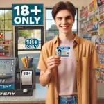 A young person standing in front of a lottery counter, holding up an ID card with a smile. Behind the counter, there are lottery tickets displayed and