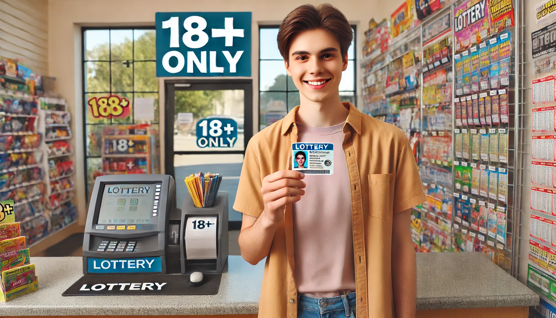 A young person standing in front of a lottery counter, holding up an ID card with a smile. Behind the counter, there are lottery tickets displayed and