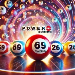 A visually striking lottery-themed image featuring colorful numbered lottery balls for the USA Powerball. Display 5 white balls numbered from 1 to 69