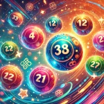 A vibrant image featuring colorful lottery balls displaying the numbers 3, 4, 8, 9, 12, 21, and 77 prominently. The background should have a dynamic a