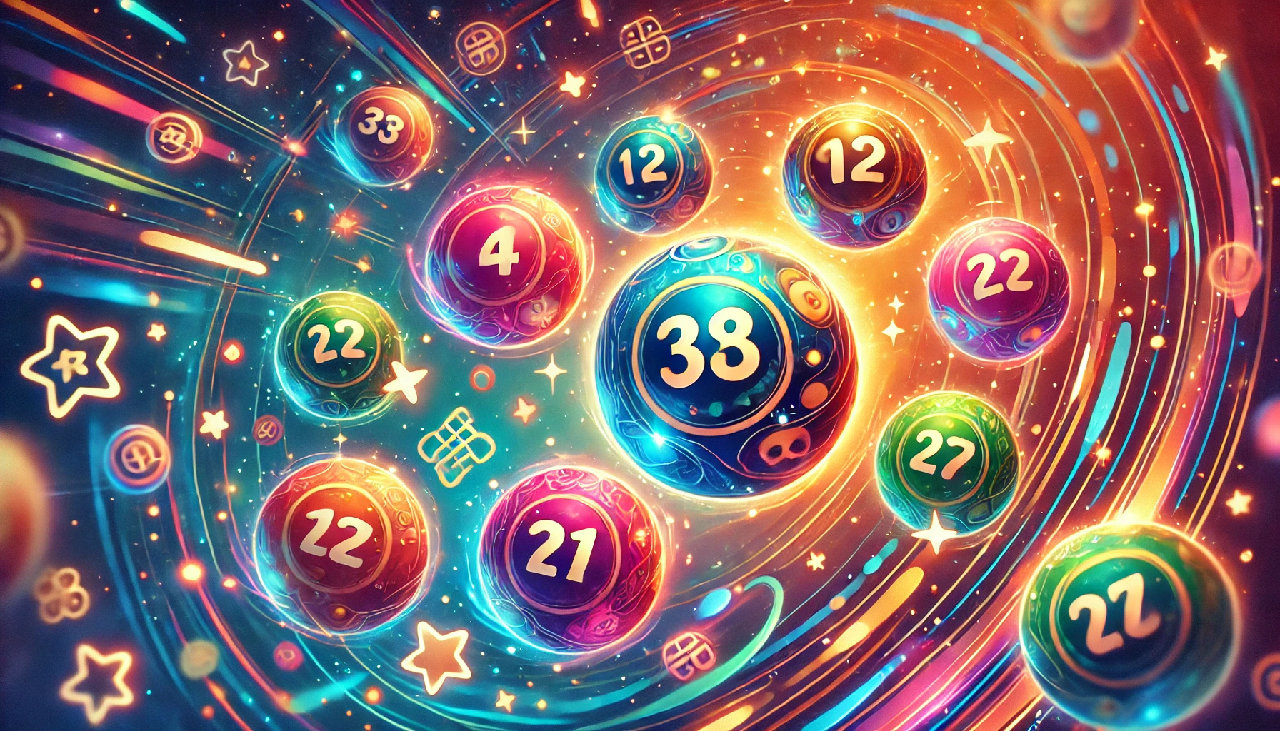 A vibrant image featuring colorful lottery balls displaying the numbers 3, 4, 8, 9, 12, 21, and 77 prominently. The background should have a dynamic a