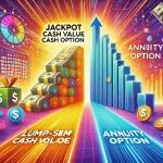 A vibrant image illustrating the difference between jackpot cash value and annuity options. Show two contrasting paths_ one with a large stack of cash