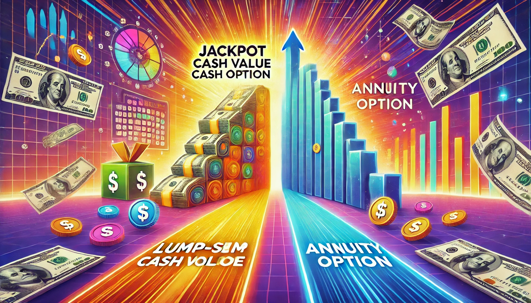 A vibrant image illustrating the difference between jackpot cash value and annuity options. Show two contrasting paths_ one with a large stack of cash