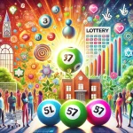 A vibrant image showcasing the social and economic benefits of the National Lottery. Display colorful lottery tickets and balls with community symbols