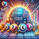 A dynamic image showing the biggest global lottery wins, with lottery balls featuring record-breaking amounts like $2.04 billion, €230 million, and $1