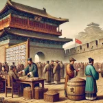 An ancient Chinese scene showing people participating in a lottery during the Han dynasty, with a large wall under construction in the background symb