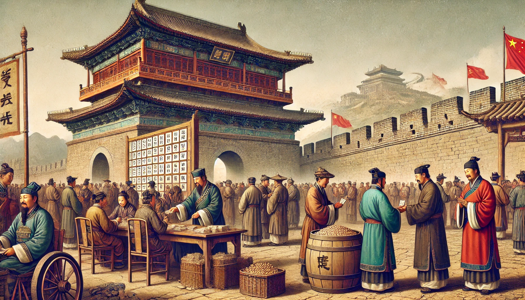 An ancient Chinese scene showing people participating in a lottery during the Han dynasty, with a large wall under construction in the background symb