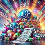 A dynamic, colorful image showing a large lottery jackpot with vibrant lottery balls, a ticket, and a prominently displayed billion-dollar jackpot amo