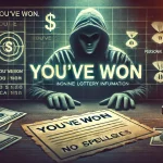 A slightly sinister image representing a lottery scam. The scene shows a deceptive email or letter with a large, ominous 'You’ve Won' headline, with s