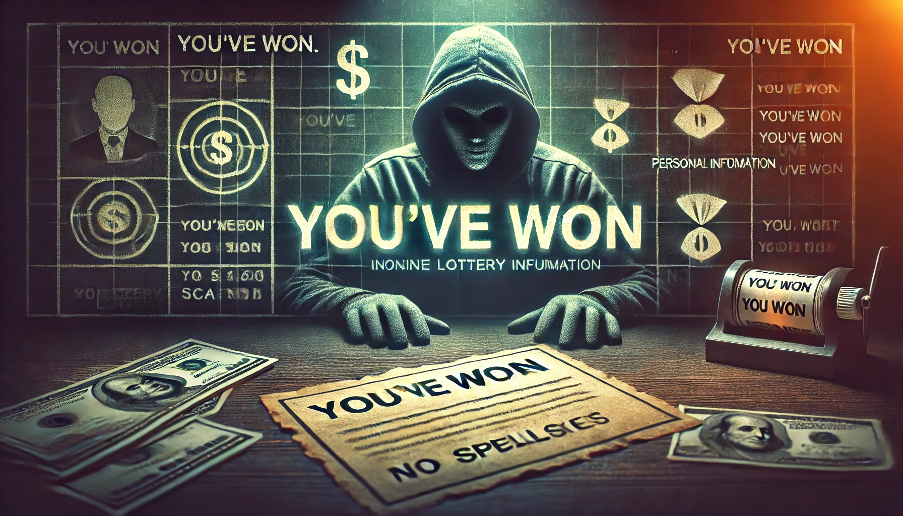 A slightly sinister image representing a lottery scam. The scene shows a deceptive email or letter with a large, ominous 'You’ve Won' headline, with s