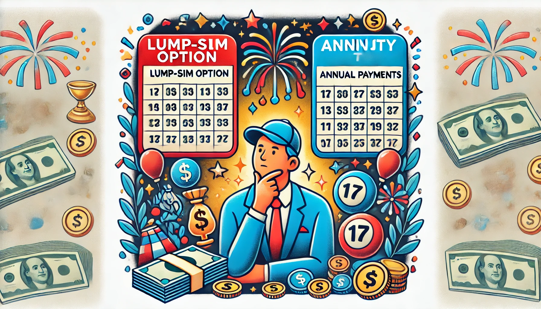 An oblong image showing a lottery jackpot winner contemplating their payout options. The image features symbolic elements like a cash pile for the lum